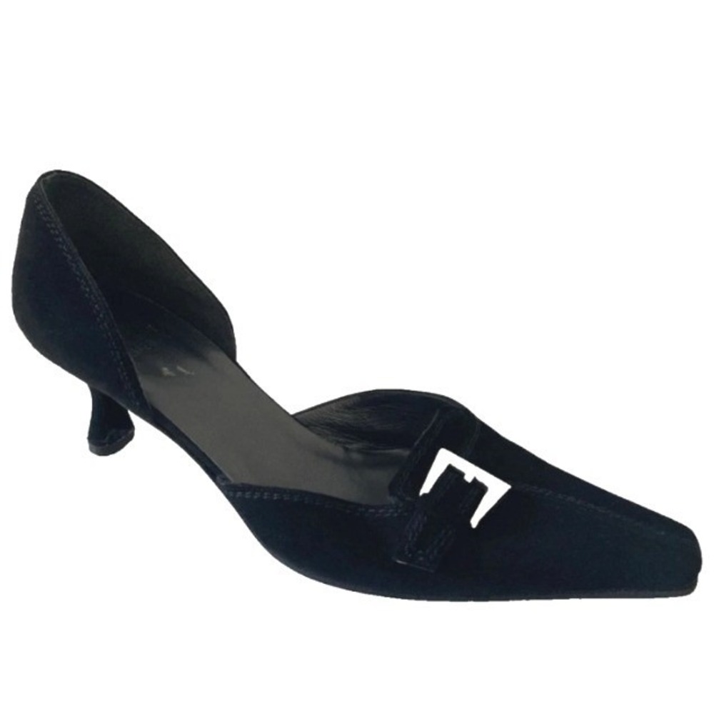 Stuart Weitzman Women's Black Suede Pointed Toe Silver Buckle Kitten Heel - 10M